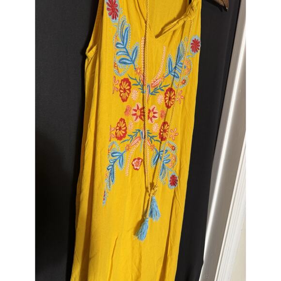 CC Chic Connection Shift Dress Tassel Tie Embroidery Yellow Women's M Boho - Picture 6 of 8